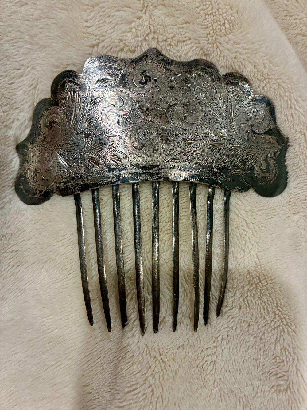 Antique 1800’s Victorian Coin Silver Hair Comb with Scalloped Edges